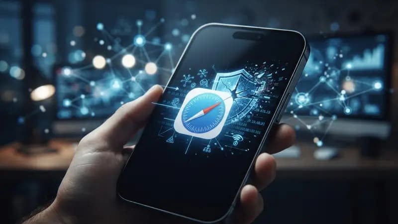 Ícone do Safari em um iPhone sobreposto por símbolos de redes digitais e um escudo de segurança que falha.