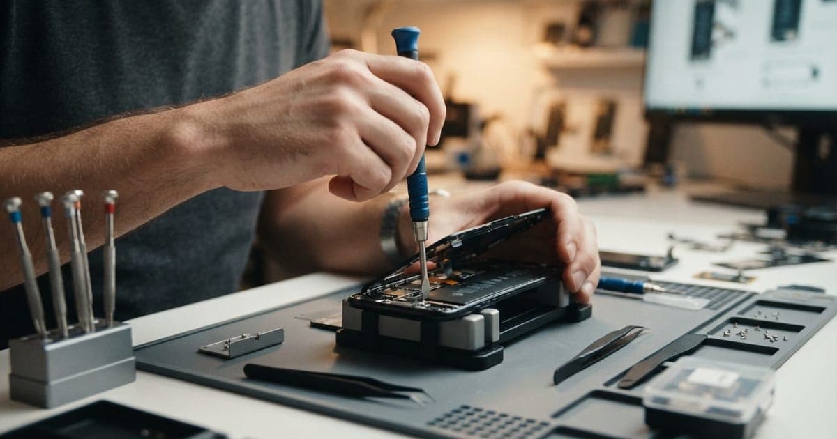 Close-up de mãos usando uma chave de fenda de precisão para abrir a carcaça de um smartphone em uma bancada organizada.