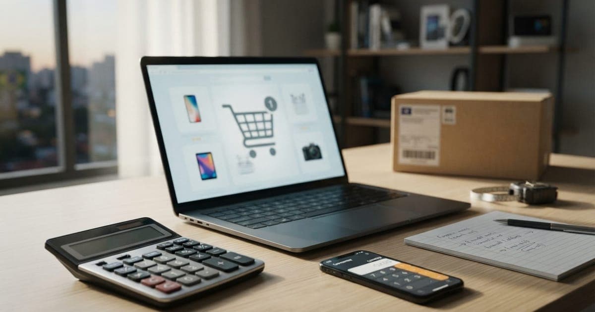 Carrinho de compras virtual exibindo diversos dispositivos eletrônicos e calculadoras sobre uma mesa de escritório.