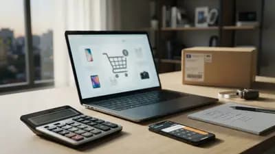 Carrinho de compras virtual exibindo diversos dispositivos eletrônicos e calculadoras sobre uma mesa de escritório.
