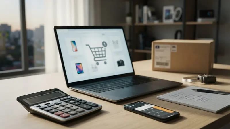 Carrinho de compras virtual exibindo diversos dispositivos eletrônicos e calculadoras sobre uma mesa de escritório.