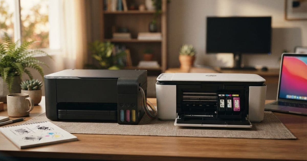 Duas impressoras em uma mesa de escritório, uma com tanques de tinta visíveis e outra modelo cartucho tradicional