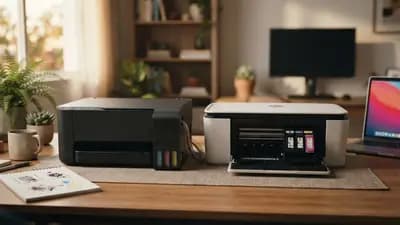 Duas impressoras em uma mesa de escritório, uma com tanques de tinta visíveis e outra modelo cartucho tradicional