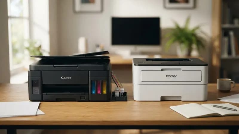 Comparativo visual lado a lado de uma impressora tanque de tinta e um modelo laser monocromático em mesa de escritório