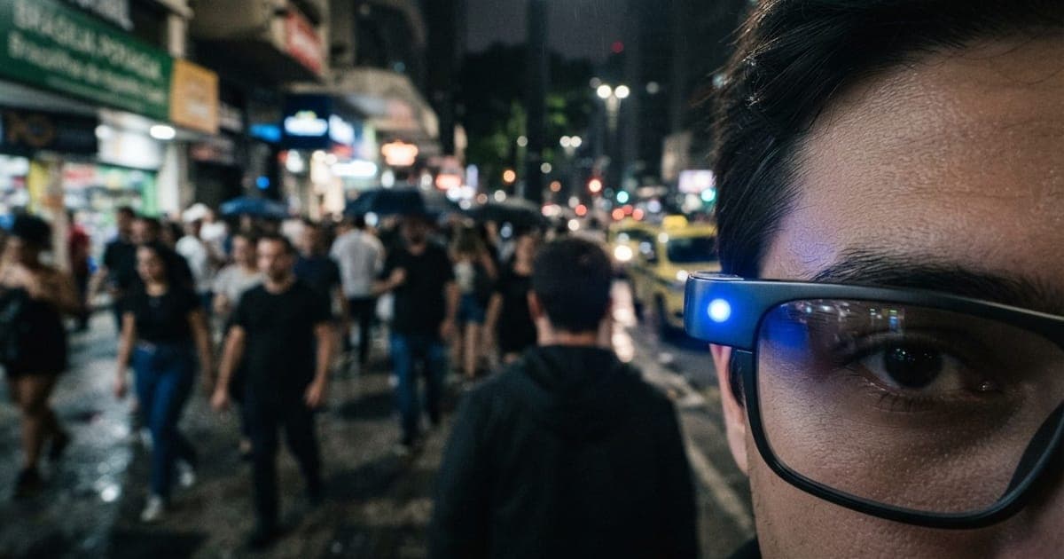Close em óculos inteligentes com luz LED azul acesa em ambiente urbano movimentado capturando imagens de pessoas.