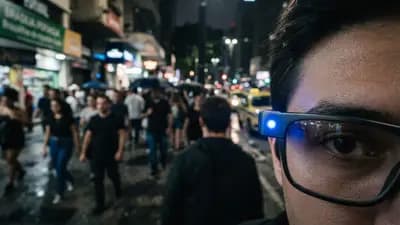 Close em óculos inteligentes com luz LED azul acesa em ambiente urbano movimentado capturando imagens de pessoas.