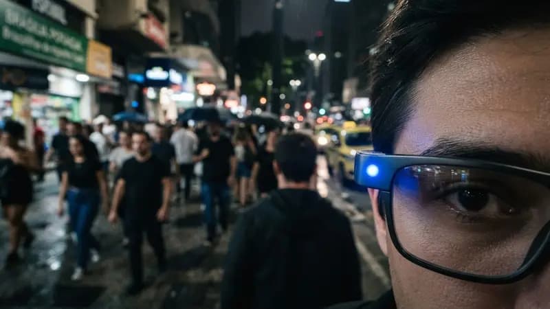 Close em óculos inteligentes com luz LED azul acesa em ambiente urbano movimentado capturando imagens de pessoas.