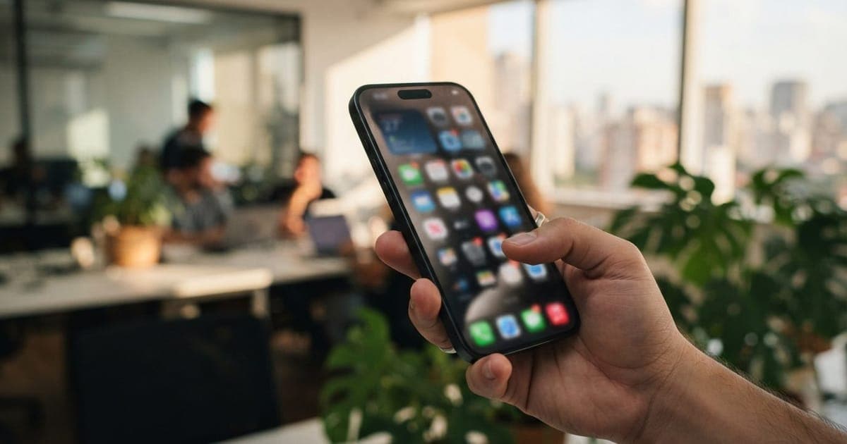 Mão de pessoa segurando iPhone com tela inicial desfocada exibindo novos ícones do sistema iOS 27 em ambiente de escritório iluminado.