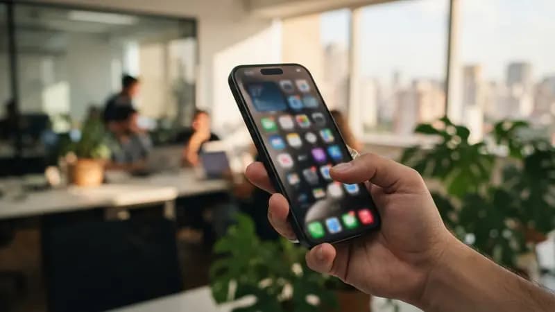 Mão de pessoa segurando iPhone com tela inicial desfocada exibindo novos ícones do sistema iOS 27 em ambiente de escritório iluminado.