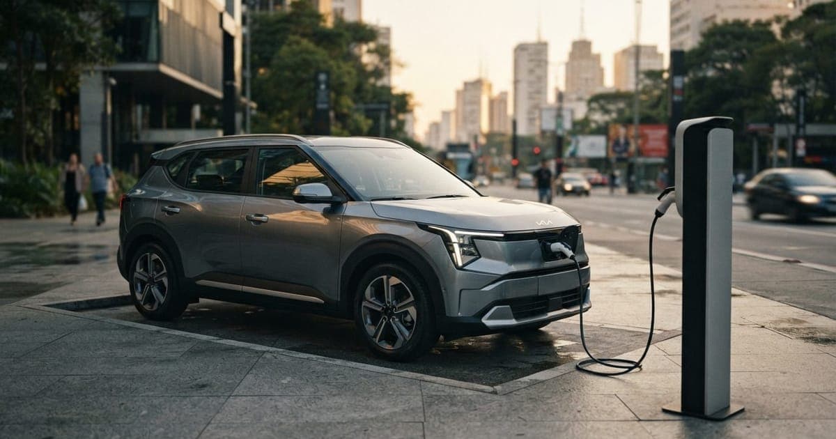 SUV elétrico Kia EV3 com design moderno estacionado em área urbana para demonstração de carregamento veicular