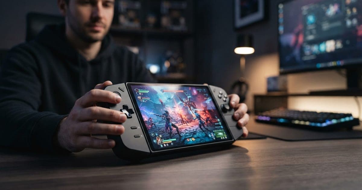 Ilustração editorial sobre Lenovo Legion Go 2 com SteamOS: Handheld portátil recebe atualização significativa com SteamOS