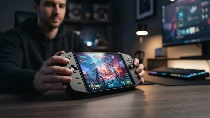 Ilustração editorial sobre Lenovo Legion Go 2 com SteamOS: Handheld portátil recebe atualização significativa com SteamOS