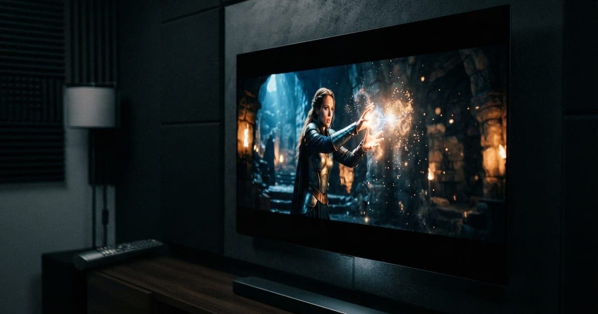 Close em uma tela de TV OLED de alta definição exibindo um filme com cores vibrantes e pretos profundos em uma sala escura.