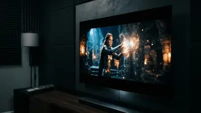 Close em uma tela de TV OLED de alta definição exibindo um filme com cores vibrantes e pretos profundos em uma sala escura.