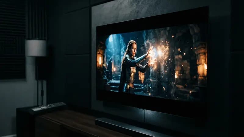 Close em uma tela de TV OLED de alta definição exibindo um filme com cores vibrantes e pretos profundos em uma sala escura.