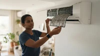 Pessoa removendo com cuidado o filtro de tela de nylon de um ar-condicionado split branco para higienização