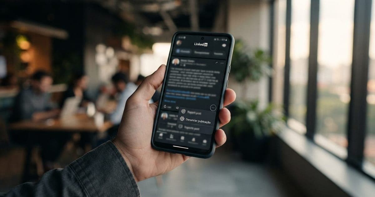 Close em interface do LinkedIn em um smartphone exibindo opção de denunciar postagem com ícone de inteligência artificial