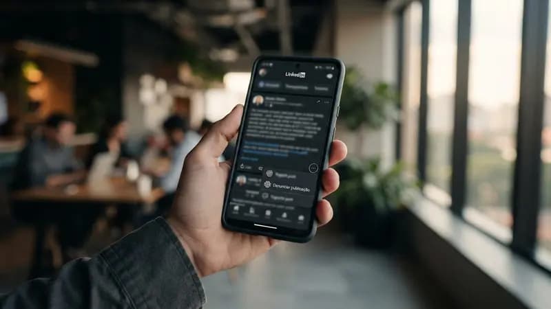 Close em interface do LinkedIn em um smartphone exibindo opção de denunciar postagem com ícone de inteligência artificial