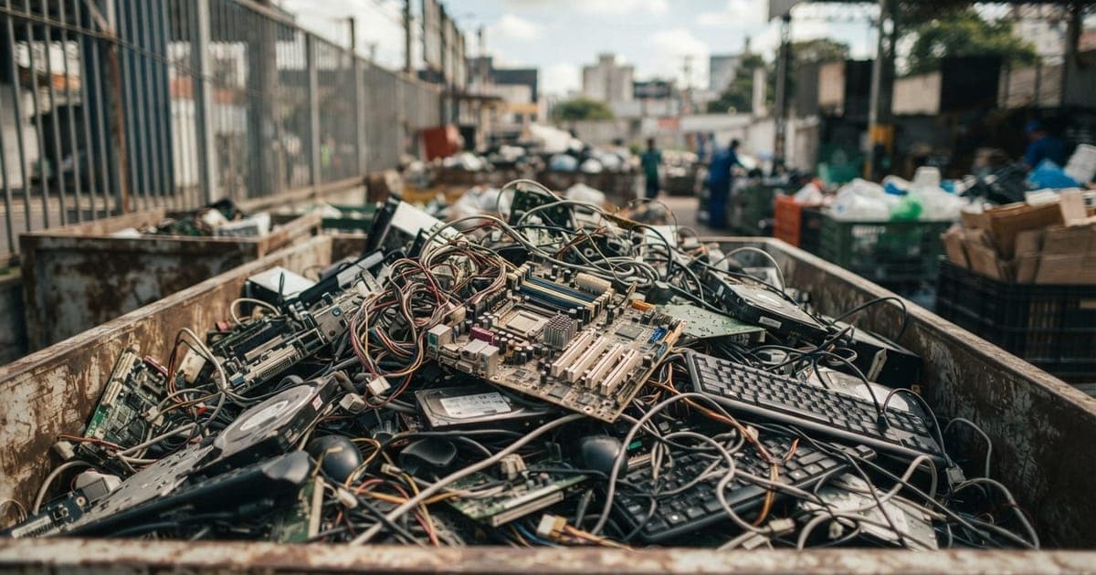 Pilha de placas de circuito, cabos e periféricos antigos em um ponto de coleta seletiva de lixo eletrônico urbano