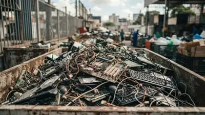 Pilha de placas de circuito, cabos e periféricos antigos em um ponto de coleta seletiva de lixo eletrônico urbano