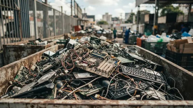 Pilha de placas de circuito, cabos e periféricos antigos em um ponto de coleta seletiva de lixo eletrônico urbano