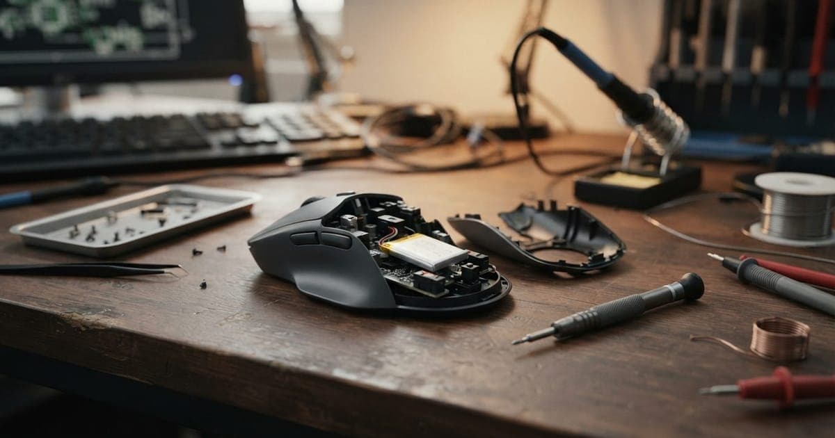 Close em um mouse gamer moderno sobre uma mesa de escritório com componentes eletrônicos ao lado para ilustrar reparo.
