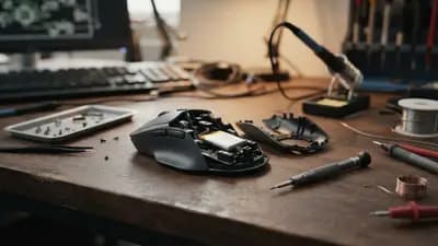 Close em um mouse gamer moderno sobre uma mesa de escritório com componentes eletrônicos ao lado para ilustrar reparo.