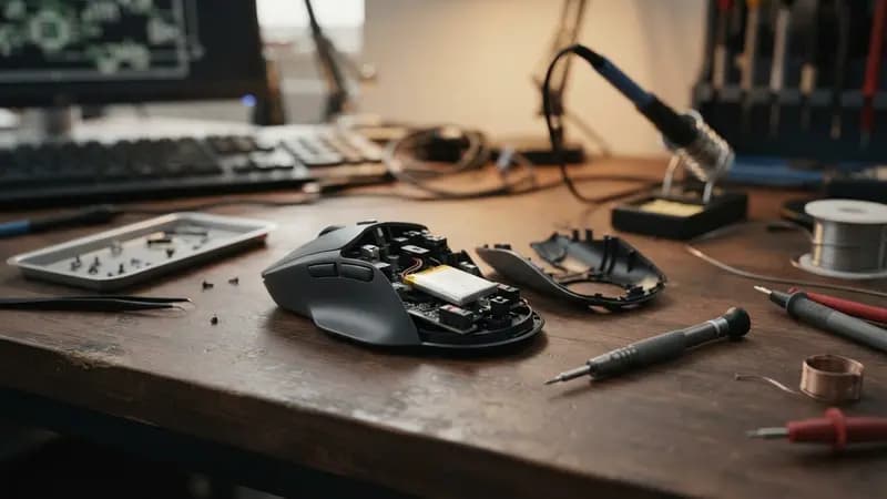 Close em um mouse gamer moderno sobre uma mesa de escritório com componentes eletrônicos ao lado para ilustrar reparo.