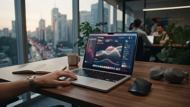 Ilustração editorial sobre MacBook Air M5 lidera ranking 2026: MacBook Air M5 conquista posição de melhor laptop de 2026, com bateria estendida e design…