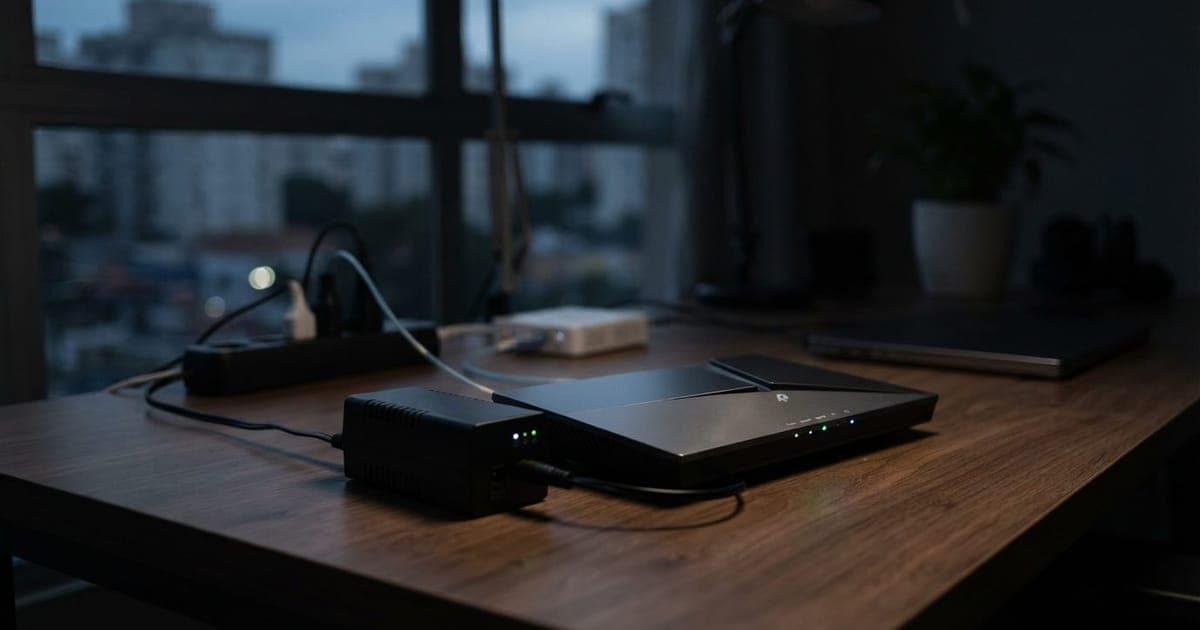 Close em um roteador Wi-Fi conectado a uma pequena bateria externa de backup (Mini-UPS) sobre uma mesa de escritório.