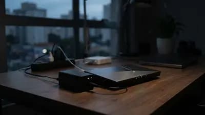 Close em um roteador Wi-Fi conectado a uma pequena bateria externa de backup (Mini-UPS) sobre uma mesa de escritório.