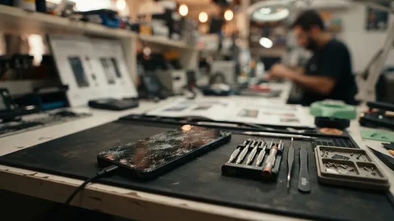 Smartphone com tela quebrada ao lado de ferramentas de precisão em uma bancada de assistência técnica profissional.