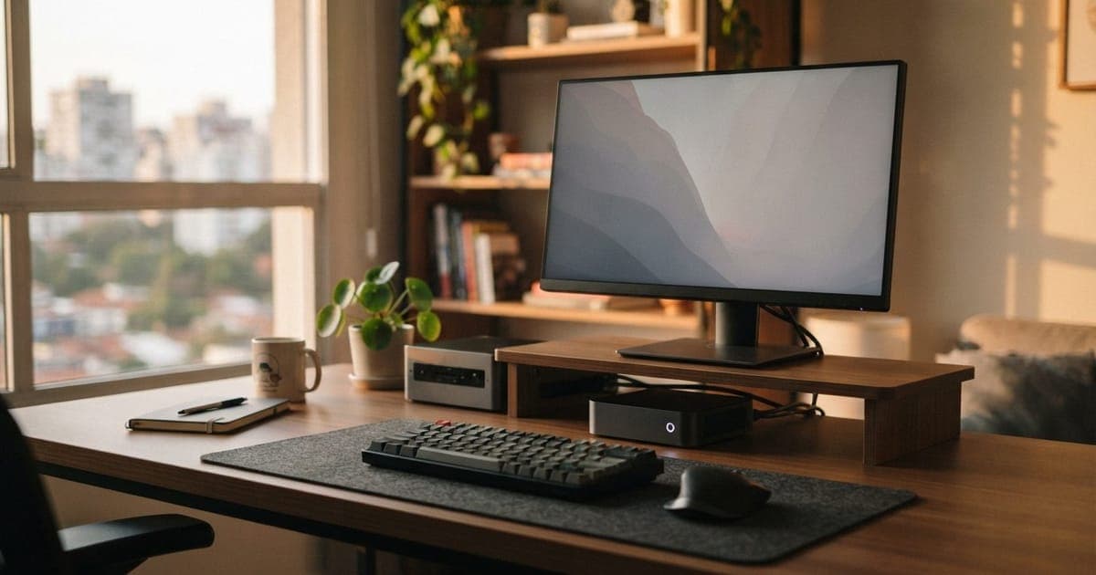 Mini PC compacto posicionado sobre mesa de escritório ao lado de um monitor e periféricos para setup minimalista.