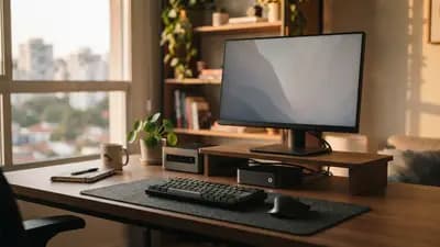 Mini PC compacto posicionado sobre mesa de escritório ao lado de um monitor e periféricos para setup minimalista.