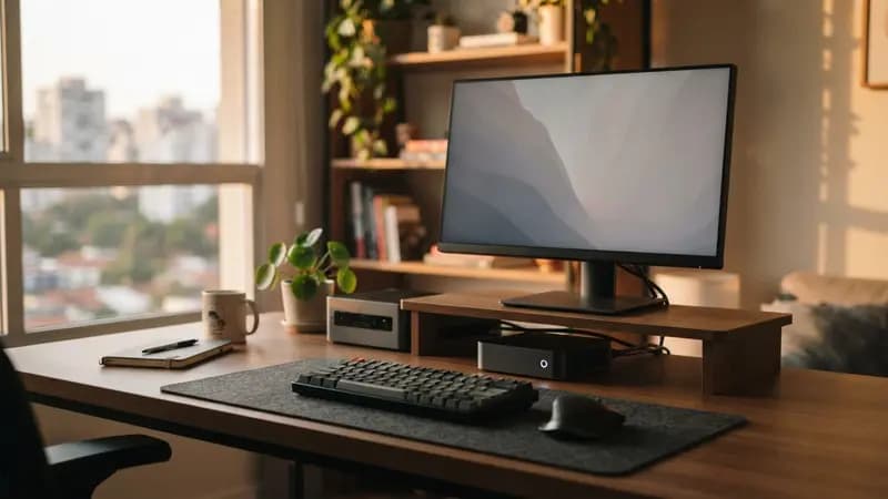Mini PC compacto posicionado sobre mesa de escritório ao lado de um monitor e periféricos para setup minimalista.