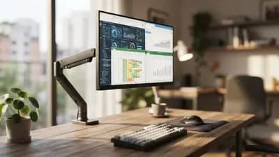 Monitor de escritório moderno em braço articulado ajustável exibindo planilhas e abas de navegador em tela limpa