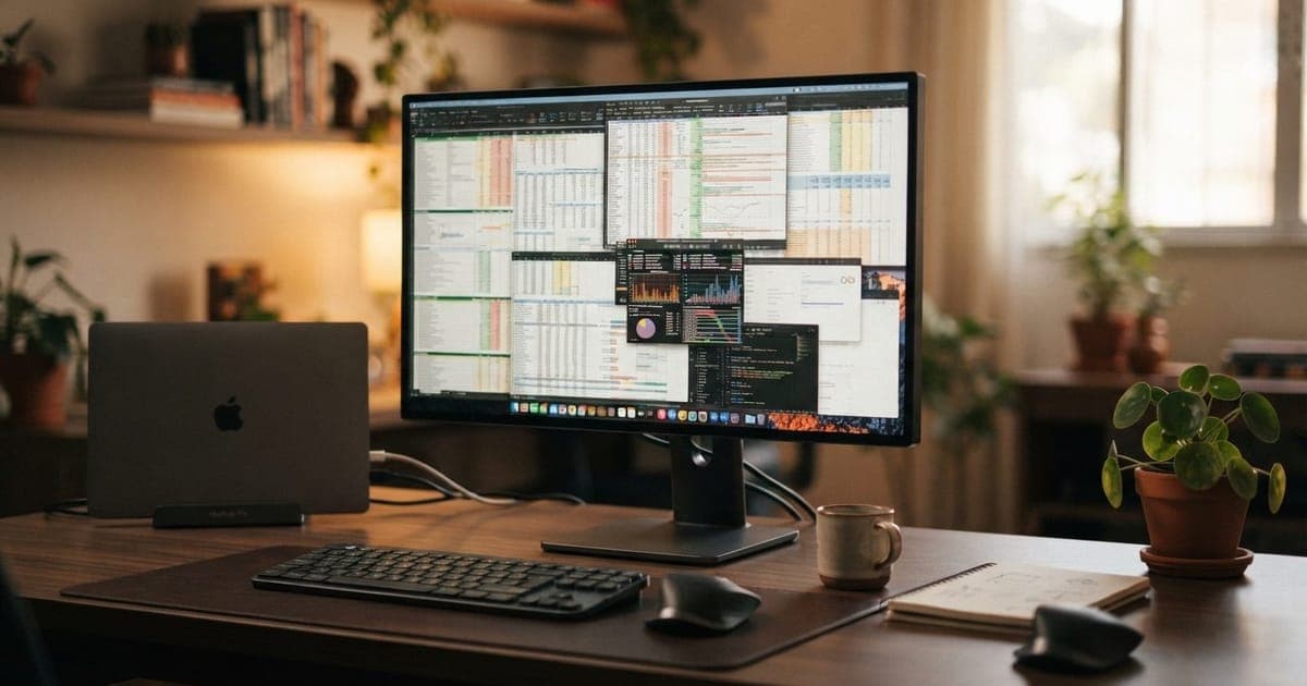 Close em monitor 4K de 27 polegadas em mesa de escritório com planilhas e janelas de sistema abertas