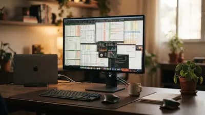 Close em monitor 4K de 27 polegadas em mesa de escritório com planilhas e janelas de sistema abertas