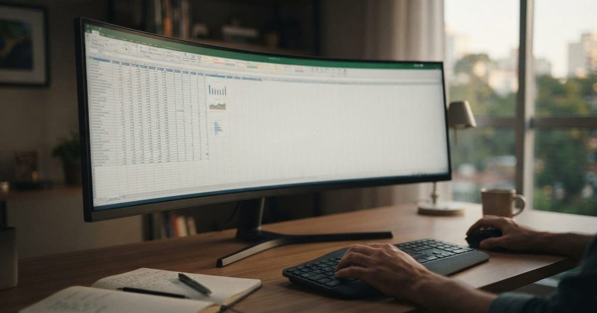 Monitor curvo 1000R sobre mesa de escritório com planilha de Excel aberta exibindo distorção nas bordas