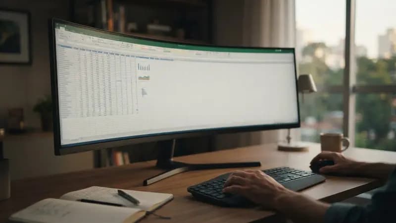 Monitor curvo 1000R sobre mesa de escritório com planilha de Excel aberta exibindo distorção nas bordas