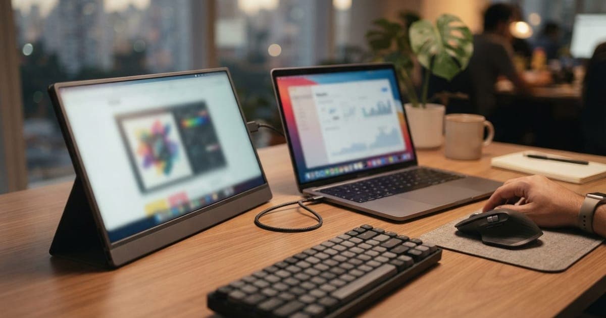 Monitor portátil fino conectado a um notebook por cabo USB-C em uma mesa de trabalho com iluminação indireta