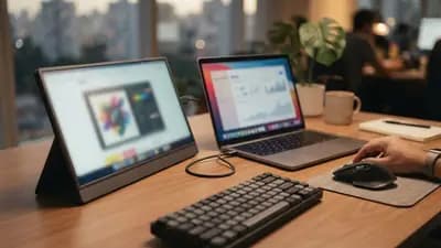 Monitor portátil fino conectado a um notebook por cabo USB-C em uma mesa de trabalho com iluminação indireta