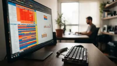 Close em monitor de escritório exibindo planilhas coloridas com cores saturadas ao lado de um teclado mecânico