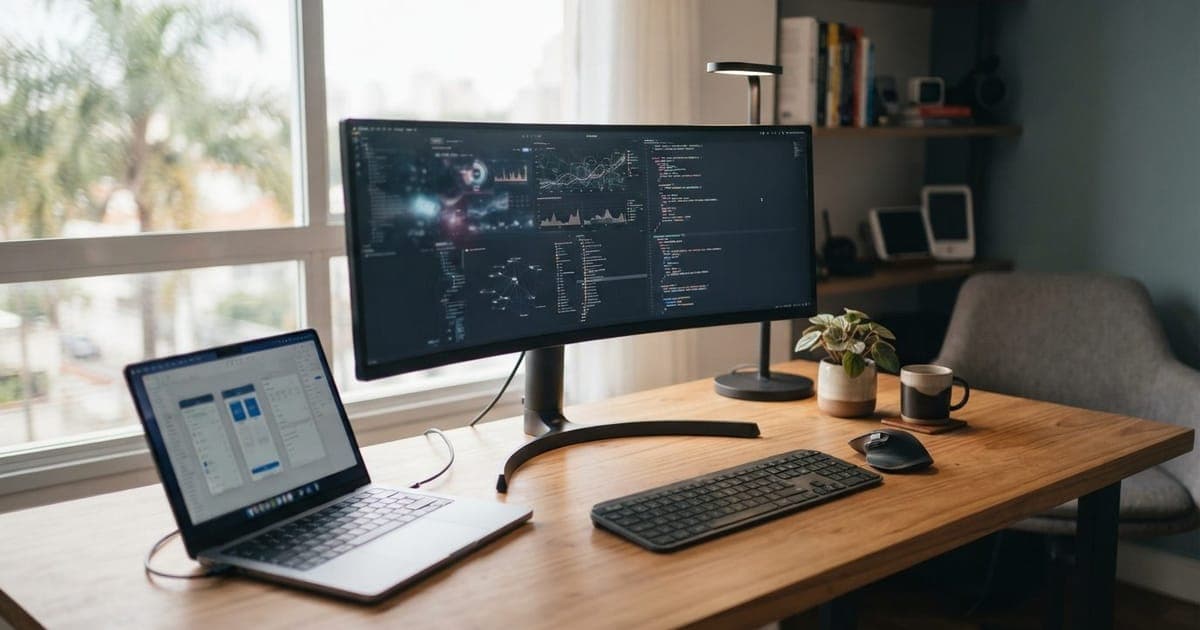 Uma mesa de escritório com um monitor ultrawide centralizado ao lado de um notebook aberto e acessórios organizados.