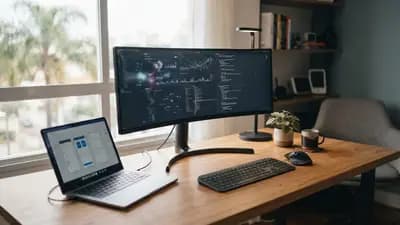 Uma mesa de escritório com um monitor ultrawide centralizado ao lado de um notebook aberto e acessórios organizados.
