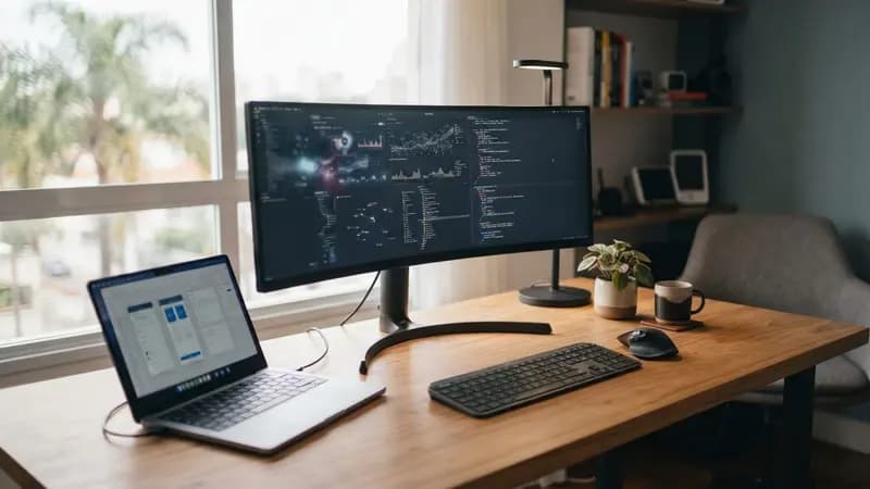 Uma mesa de escritório com um monitor ultrawide centralizado ao lado de um notebook aberto e acessórios organizados.