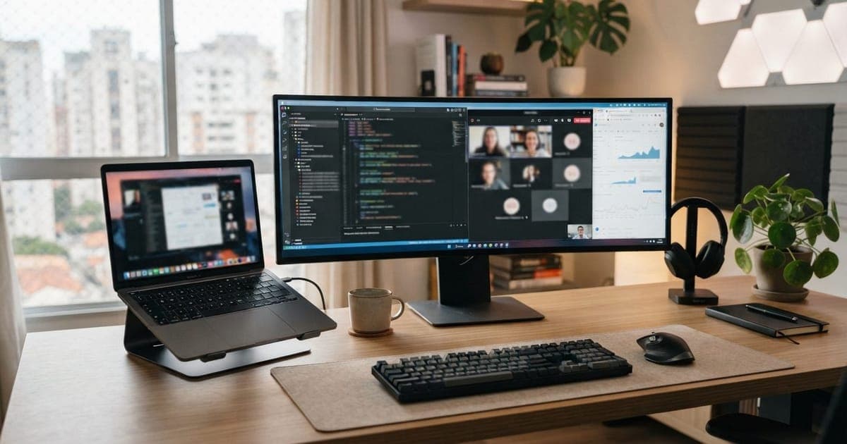 Setup de mesa com monitor ultrawide de 34 polegadas ao lado de um notebook em ambiente de home office organizado.