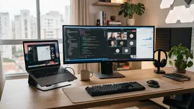 Setup de mesa com monitor ultrawide de 34 polegadas ao lado de um notebook em ambiente de home office organizado.