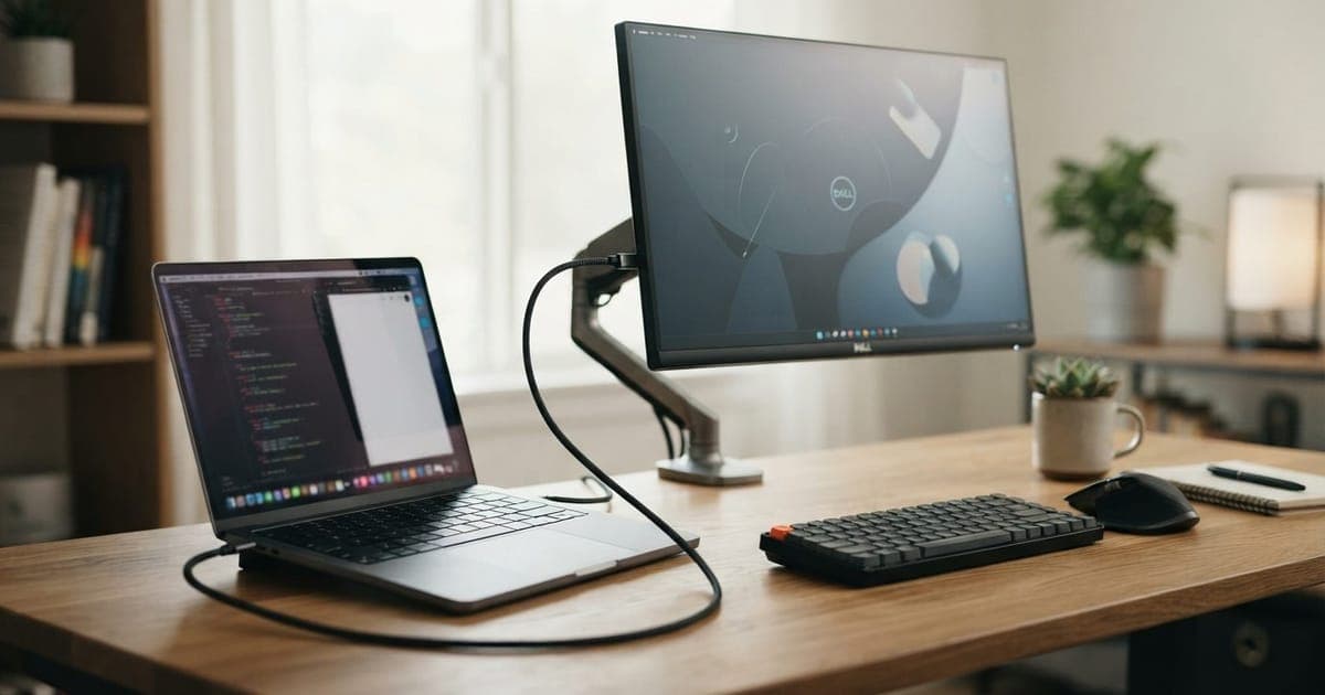 Escritório organizado com notebook conectado a monitor via cabo único USB-C, dispensando o uso de fonte de energia na tomada.