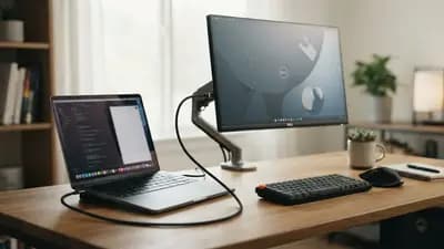Escritório organizado com notebook conectado a monitor via cabo único USB-C, dispensando o uso de fonte de energia na tomada.